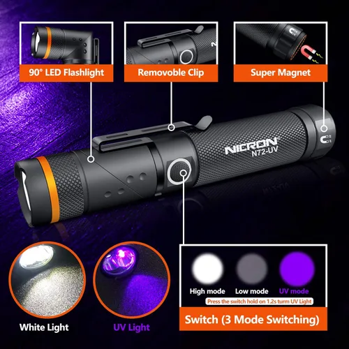 Vista 3 de NICRON linterna UV, N72-UV 800LM luz blanca, cambia libremente entre luz blanca y luz UV, detector para orina de perro, manchas húmedas, chinches