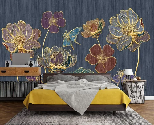 Vista 3 de Papel pintado 3D de flores doradas en relieve para dormitorio, 103 x 69 pulgadas
