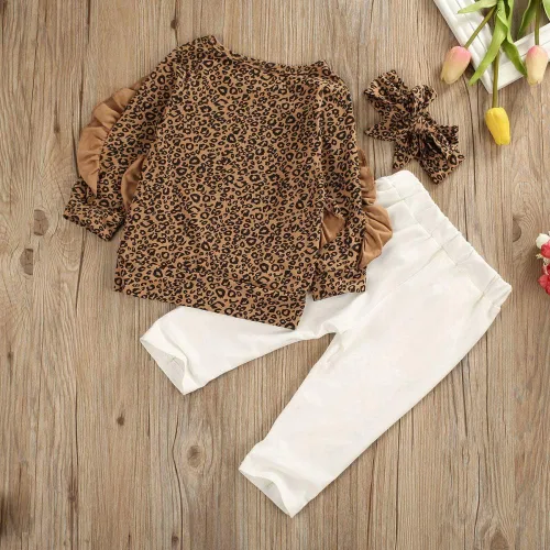 Vista 4 de Conjunto de 2 piezas de ropa de otoño e invierno para niña pequeña, camiseta de manga larga abombada, pantalones largos rectos, conjunto de 2 piezas