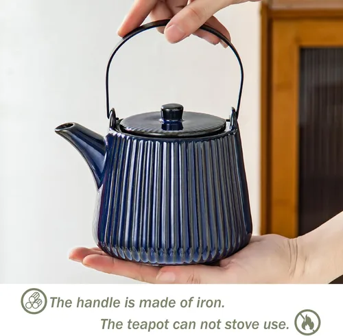 Vista 3 de Yundu Teteras de Cerámica Azul Profundo, 1000ml/33.8oz Tetera, Suficiente para 4 Tazas, Tetera con Infusores para Té Suelto, Tetera a Rayas