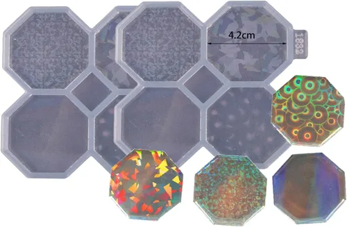 Vista 5 de 2 moldes de resina octágono de 1.7 pulgadas, molde de silicona epoxi para carrete de insignias, diseño holográfico de bricolaje