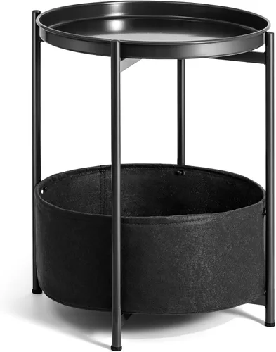 Vista 7 de Mesa auxiliar pequeña, mesa auxiliar redonda negra con cesta de almacenamiento, mesita de noche de metal con bandeja extraíble, mesita de noche Negro