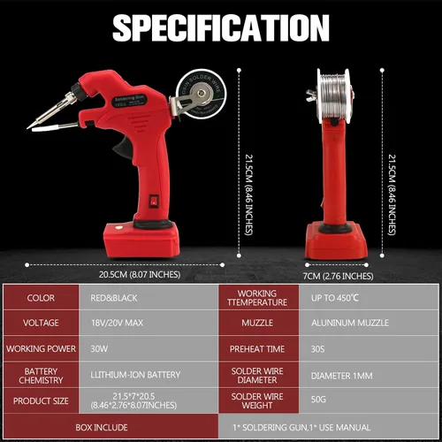 Vista 7 de Soldador inalámbrico para batería Milwaukee de 18 V, pistola de soldadura de 30 W, kit de soldador de precalentamiento rápido de 30 segundos
