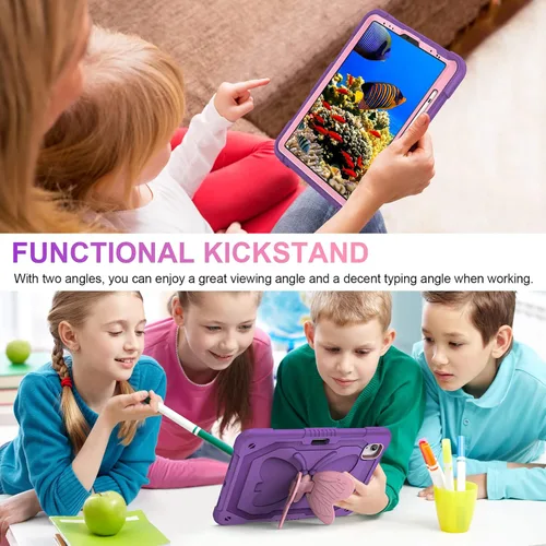 Vista 6 de Funda para iPad Air de 5ª/4ª generación con protector de pantalla, para iPad Pro de 11 pulgadas, con correa de soporte de mariposa, muñecos y Púrpura
