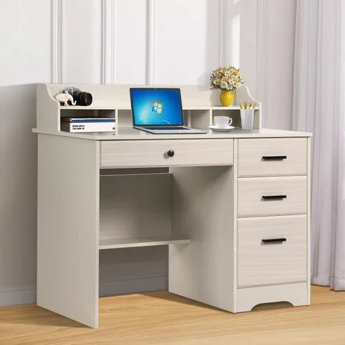 Vista 2 de Escritorio blanco para oficina en casa con 4 cajones y gabinete, mesa de computadora para dormitorio, blanco roto