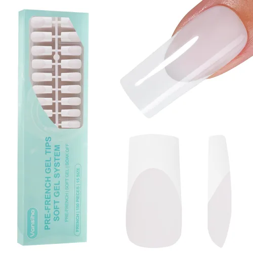 Vista 21 de Vansiho Uñas postizas de gel francés de almendra media, uñas suaves rosadas