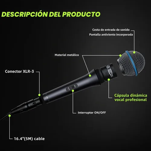Vista 4 de MRSDY Micrófono XLR con cable, micrófono dinámico cardioide de mano de metal para cantar, escenario, estudio, karaoke, con interruptor