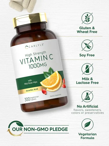 Vista 4 de Carlyle Vitamina C 1000mg 300 Cápsulas vegetales vegetarianas Ácido ascórbico con escaramujos silvestres Fórmula de alta potencia Suplemento