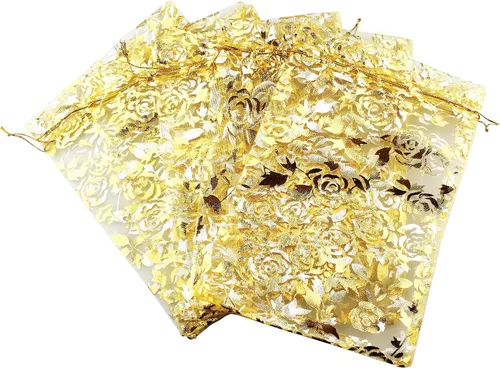 Vista 3 de QIANHAILIZZ 5 x 7 pulgadas 100 piezas corazón flor organza joyería bolsa de regalo bolsa de caramelo bolsa cordón boda favor bolsas P835
