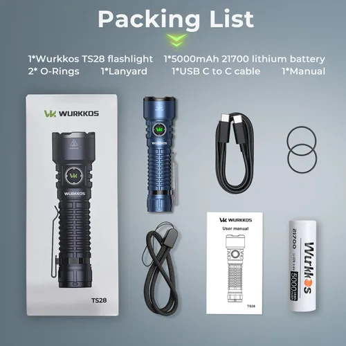 Vista 9 de Wurkkos TS28 3200lm Linterna LED recargable, IPX8 impermeable, azul Haz de 1,660.1 ft, modos de operación dual, carga inversa, controlador