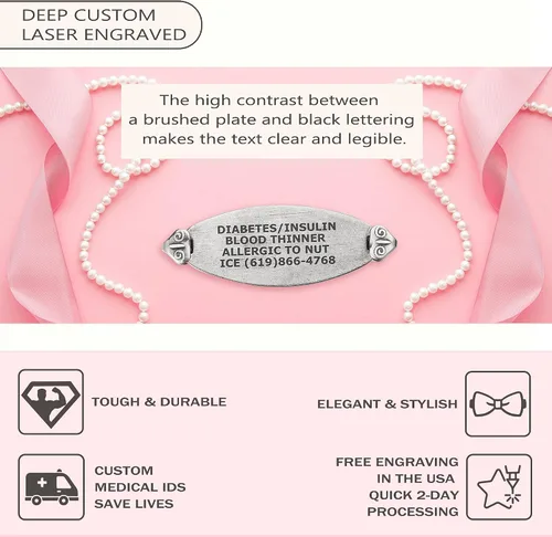 Vista 4 de Divoti Custom Engraved Medical Alert Bracelets for Women Stainless Steel Medical Bracelet Medical ID Bracelet wAntique Silver Plating Heritage
