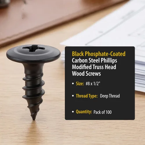 Vista 2 de BCP Fasteners #8 x 1/2", 100 Unidades Tornillos Phillips Pequeños Negros de Cabeza de Armadura Modificada, Punta Afilada de Rosca Profunda, Acero al