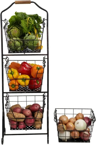 Vista 4 de Gourmet Basics by Mikasa Ferme Cesta de Mercado de Metal Ajustable de Pie de 2, 3 o 4 Niveles para Almacenamiento de Frutas y Hogar, Negro Antiguo