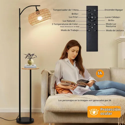 Vista 9 de Lámpara de pie bohemia con estante de madera, bombilla inteligente regulable de 9 W incluida, lámpara de pie con control remoto con mesa, lámpara