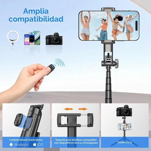 Vista 6 de Palo Selfie Trípode de Viaje para Teléfono Celular con Control Remoto y Soporte para Teléfono, Palo Selfie Extensible para iPhone, Trípode para Negro