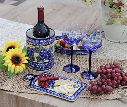 Vista 2 de Blue Rose - Tabla de cortar con uvas de cerámica polaca con ribete de cobalto