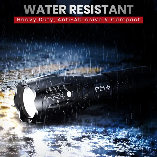 Vista 4 de PeakPlus Linterna táctica con luz led ultrabrillante con enfoque ajustable y función de zoom, con 5 modos, resistente al agua, con batería de ion