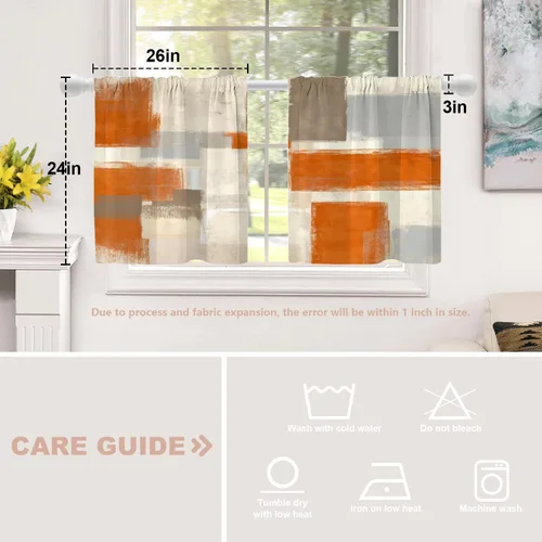 Vista 5 de Shrahala Beige and Orange Abstract Art Brushstrokes Blackout Curtain Tiers, Abstract Oil Paint Kitchen Valance Light Blocking Tier Drapes with Rod