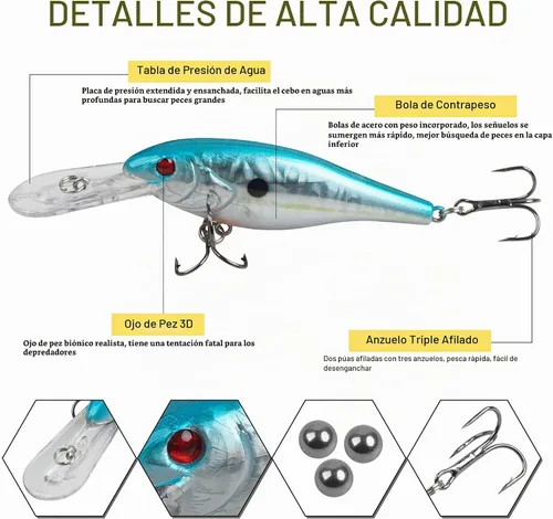 Vista 2 de Kit de señuelo de pesca de lubina, 10 piezas de buceo profundo con anzuelos 3.94 pulgadas - 10