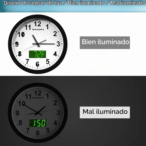 Vista 4 de Reloj de pared, con pantalla digital LED, silencioso sin tictac, de cuarzo de 12 pulgadas, funciona con pilas, reloj de pared analógico redondo Caja