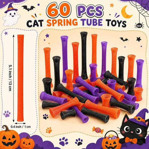 Vista 2 de Leitee 60 Pcs Cat Spring Toys Kitten Tubes,Black, Orange, and Purple Chinese Finger Trap Cat Toy For Indoor Cats, Mesh Tubes Plastic Coil For Pet