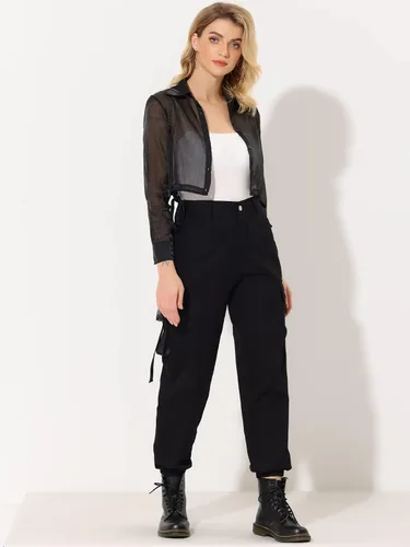Vista 2 de Allegra K Chaqueta de malla transparente para mujer, manga larga, dobladillo con cordón y botones, recortada