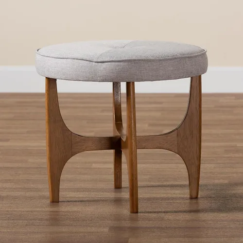 Vista 8 de Baxton Studio Theo Japandi - Reposapiés otomano de madera con acabado marrón grisáceo y tela beige grisácea