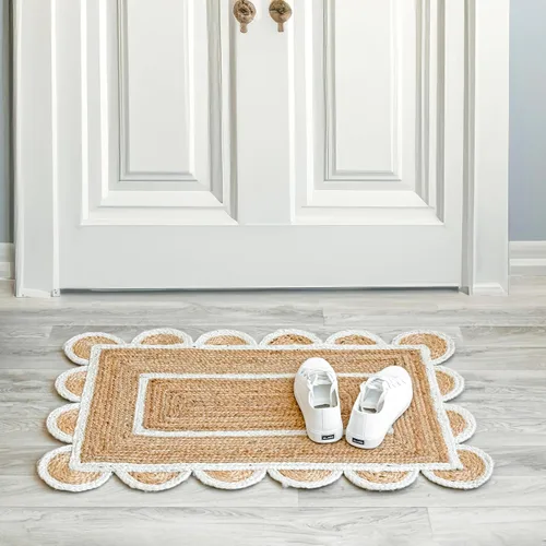 Vista 3 de Alfombra festoneada de yute natural, base natural, borde blanco hueso, 2 x 3