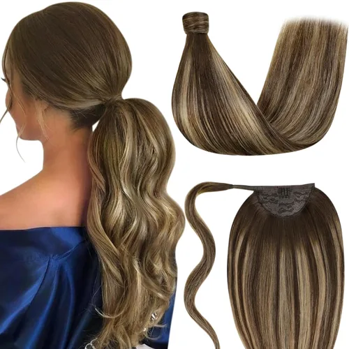 Vista 20 de LaaVoo Extensión de cola de caballo de cabello humano marrón para mujer, extensiones de cola de caballo marrón oscuro, extensiones de cabello humano