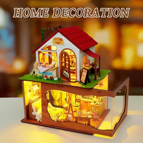 Vista 6 de Kit de casa en miniatura, kits de casa de muñecas con luces y cubierta antipolvo, kit de manualidades creativo con panadería de dos pisos y sótano