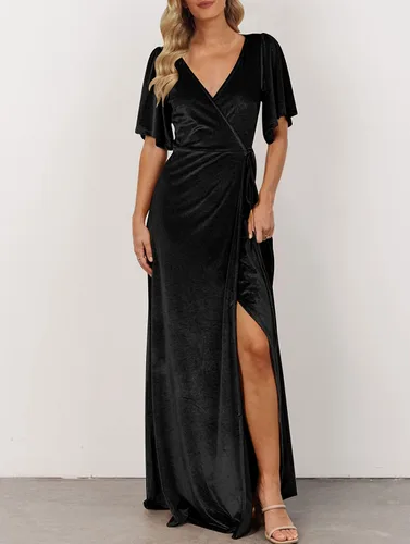 Vista 9 de MEROKEETY Vestido largo de terciopelo con cuello en V para mujer, invitada Negro