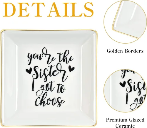 Vista 6 de Regalos para la mejor hermana para mujeres, plato de cerámica para anillos con texto en inglés "You Are the Sister I Got to Choice", bandeja