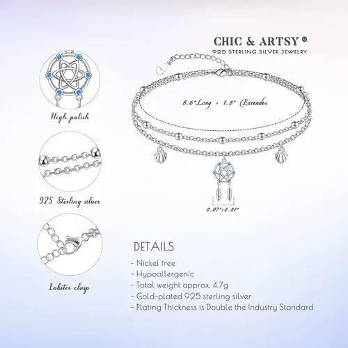 Vista 130 de CHIC & ARTSY Tobilleras delicadas de plata de ley S925 para verano, pulsera de tobillo ajustable multicapa para playa, joyería de pie para mujer