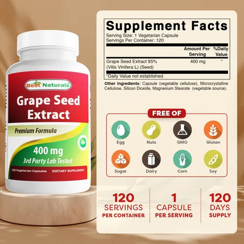 Vista 2 de Best Naturals Extracto de semilla de uva 400 mg cápsula vegetariana, 120