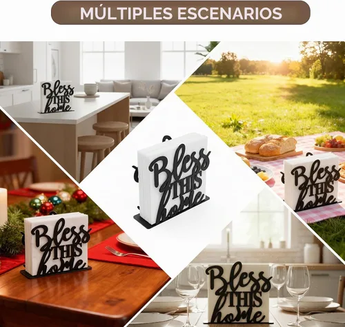 Vista 5 de Paquete de 2 servilletas Bless This Home para mesa, modernos soportes de metal negro para cocina, mesas de comedor y encimeras, dispensador