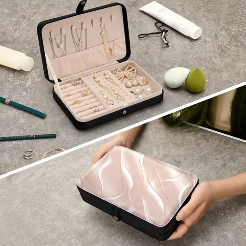 Vista 7 de Flradish Rose Gold Texture Travel Jewelry Box,Portable PU Leather Small Jewelry Organizer for Earrings,Ring,Necklaces,Bracelets