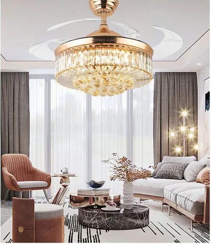 Vista 3 de Lámpara de techo de cristal de 42 pulgadas con control remoto, ventilador de techo retráctil con luces, lámpara LED moderna con kits de accesorios