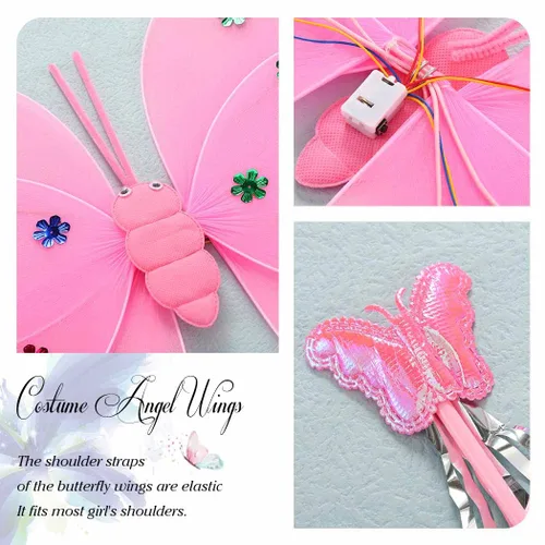 Vista 4 de Unsutuo Alas de hada de mariposa iluminadas, alas de Halloween, alas LED, conjunto de disfraz de mariposa, accesorios para niñas (rosa)