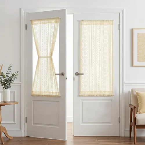 Vista 7 de MYSKY HOME Cortinas de encaje beige para puerta francesa de 40 pulgadas de largo, 2 paneles de cortinas florales bohemias transparentes para puerta