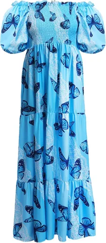 Vista 2 de Vestido largo floral con hombros descubiertos para mujer, estilo bohemio, manga corta, fruncido, fruncido, de verano, casual, para fiesta