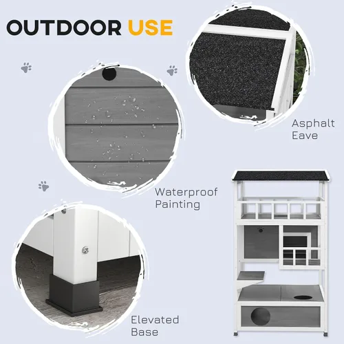 Vista 6 de Robust Multi-Story Cat Condo Featuring Asphalt Roof, Escape Doors, Jumping Platform, Durable Material, Light Gray Exterior