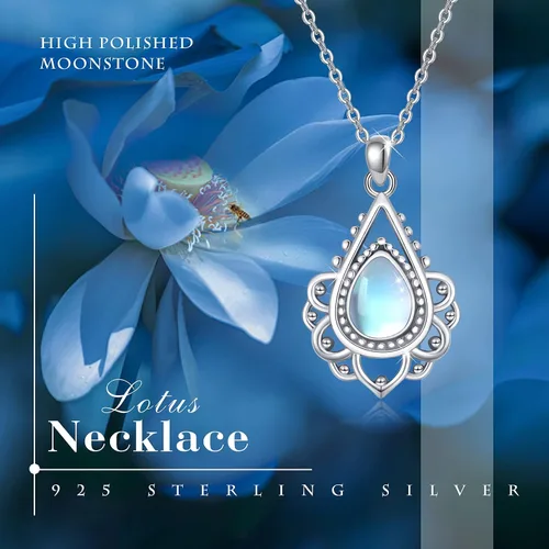 Vista 2 de OHAYOO Lotus Necklace 925 Sterling Silver Lotus Flower Moonstone Opal Pendant Necklace Gift Jewelry for Women