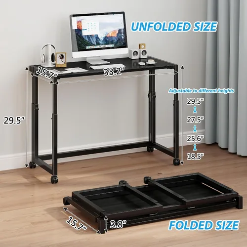 Vista 3 de JSB Escritorio plegable ajustable de 33.2 pulgadas para espacios pequeños, mesa portátil móvil para computadora portátil con ruedas, escritorio Negro