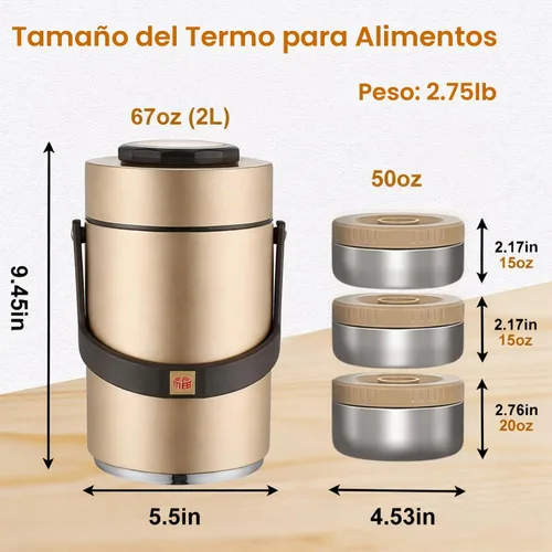 Vista 2 de Juego de recipientes de alimentos aislados al vacío de 67 onzas con 3 Dorado