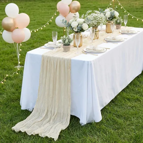 Vista 2 de LuoluoHouse Beige Gauze Table Runner 17x120 Inch Summer Boho Cheesecloth Runner Fabric for Wedding Reception Party Decor Bridal Shower Bulk Table