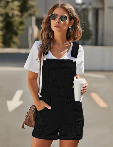 Vista 5 de GRAPENT Pantalones cortos de mezclilla rasgados con tirantes ajustables para mujer