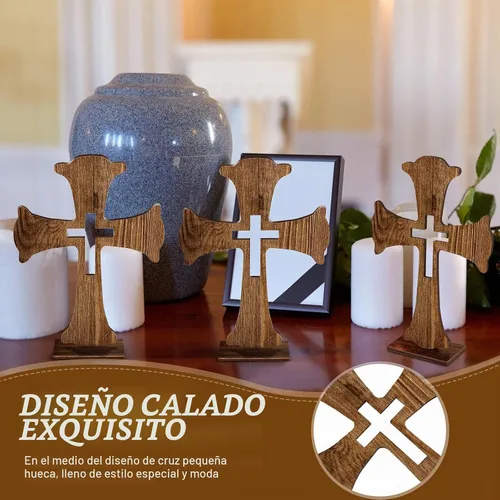 Vista 4 de Amyhill 10 centros de mesa de madera para bautismo, para mesas, decoración de primera comunión, cruz de madera rústica para manualidades con bases