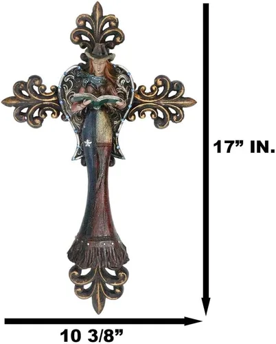 Vista 3 de Ebros Gift Rustic Fleur De Lis Le Fleur French Lily with Texas Western Cowgirl Angel Wall Cross Decor Placa Colgante Escultura Figurita 17" Alto