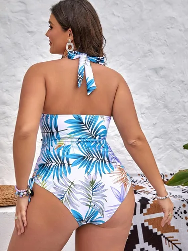 Vista 2 de WDIRARA Traje de baño de una pieza con estampado tropical para mujer, talla grande, con cordones y lazo lateral halter