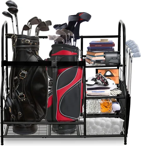 Vista 9 de Morvat Organizador de golf, soporte doble de metal negro extra grande, manera perfecta de almacenar y organizar tus bolsas de golf, clubes, pelotas
